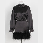 Long Sleeve Mini Dress: High Waist Feathers & Solid Color - Spring Style
